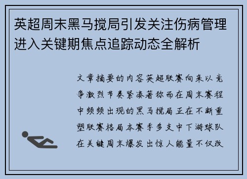 英超周末黑马搅局引发关注伤病管理进入关键期焦点追踪动态全解析 英超周末黑马搅局引发关注伤病管理进入关键期焦点追踪动态全解析