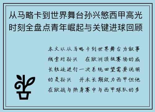 从马略卡到世界舞台孙兴慜西甲高光时刻全盘点青年崛起与关键进球回顾